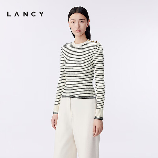 LANCY wool cashmere new winter striped sweater women's elegant design short top white L