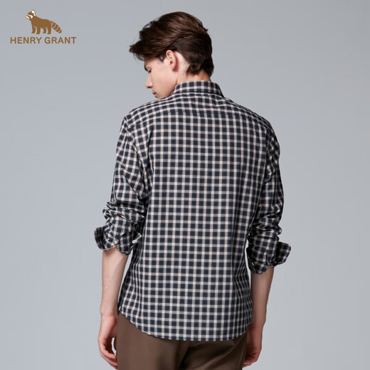 HENRY GRANT Henry Grant plaid shirt men's shirt unprocessed plaid comfortable regular long-sleeved business navy blue (QSC243050U111) 46 (170/88A)