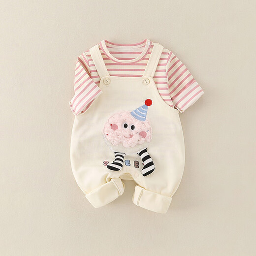 G.DUCKKIDS Little Yellow Duck Girls Suit Autumn 25 Baby Single Layer Striped Long Sleeve Overalls Infant and Toddler Split Two-piece Set Pink 73cm