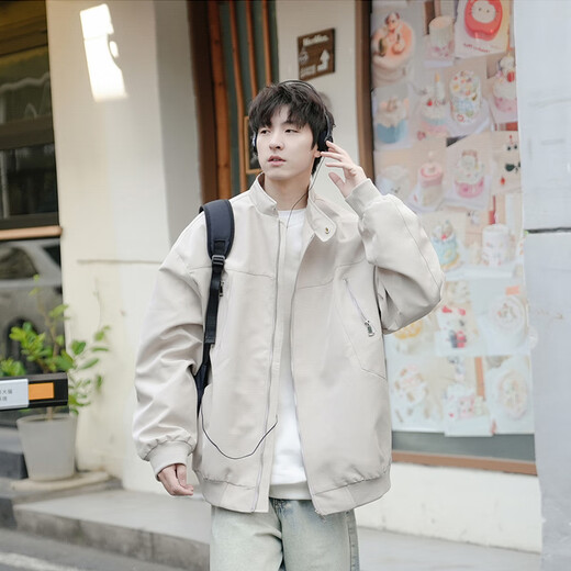 Cotton Jacket Men's Autumn and Winter Trendy Hong Kong Style Design Top Jacket Men's Versatile Flying Baseball Uniform Apricot L
