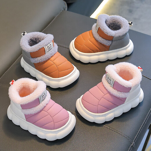 Winter children's bag-heeled cotton shoes for boys and girls, warm plus velvet PU leather waterproof thick-soled outer wear parent-child home shoes, upgraded version of environmentally friendly material blue, size 12 32/33 (shoe inner length 19CM, suitable for feet 18