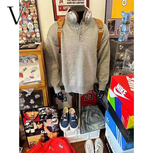 VE gray Henry collar sweatshirt men's autumn lazy style high-end sweater cleanfit bottoming shirt light gray //VE selection buttons Please refer to the explanation video M Recommendation 95-110Jin Jin is equal to 0.5 kg