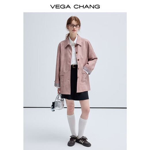 VEGA CHANG皮衣女款2025年新款春秋美式复古中长款PU皮外套 橡皮粉 S