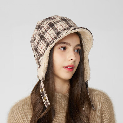 Kenmont wool plaid ear protection beret women's lamb velvet thickened warm double-sided peaked cap km-5264