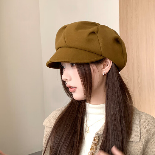 Meilunmei Korean style woolen cloud beret hat for women in autumn and winter Internet celebrity versatile octagonal hat casual fashion literary painter hat E-525 khaki woolen cloud hat M
