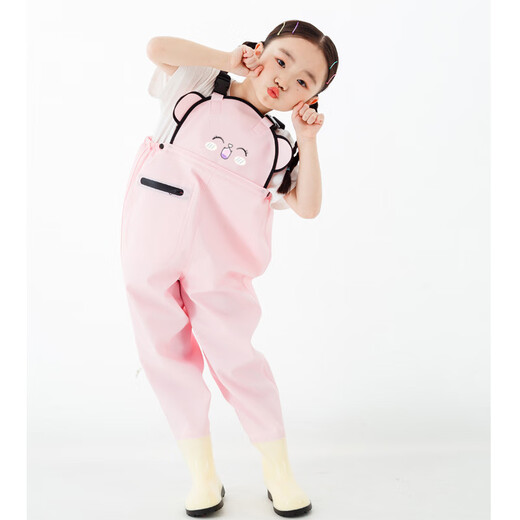 Children's waders, waterproof, sea-going equipment, kindergarten sand play suit, one-piece rain boots and rain pants, one-piece fish catching girl, children's cute cat overalls, sweet pink 23_shoe inner length 15.5