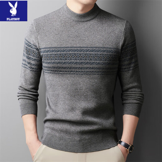 Playboy (PLAYBOY) sweater for men warm loose middle-aged and young men versatile sweater new style knitted sweater winter stiletto round neck casual 19h717 gray green 3XL