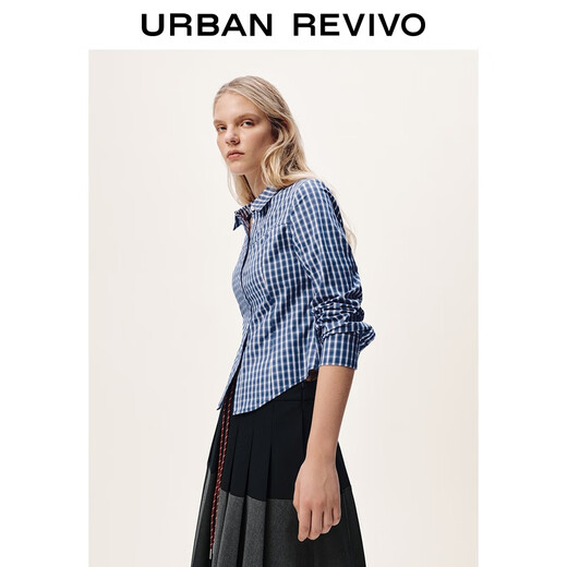 UR2025 Winter New Women's Casual Contrast Color Plaid Lapel Cardigan Shirt UYY250108 Blue Plaid S