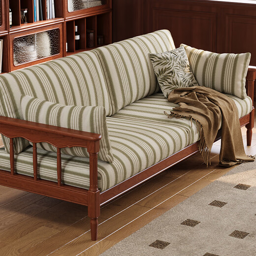 Yayuan leisure fabric sofa 2025 new style retro boxwood home living room straight three-seat solid wood sofa cotton and linen green striped three-seat sofa (soft and comfortable, skin-friendly and breathable) 2100*880*850mm
