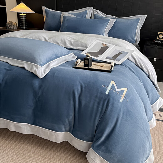 Nanjiren Jiangsu Nantong milk velvet four-piece set Class A maternal and infant grade double-sided velvet baby velvet coral velvet wide-brimmed quilt cover Maria Velvet - Bentley Blue + Star Gray Sheet Style 1.8m Four-piece Set - Quilt Cover 200x230cm