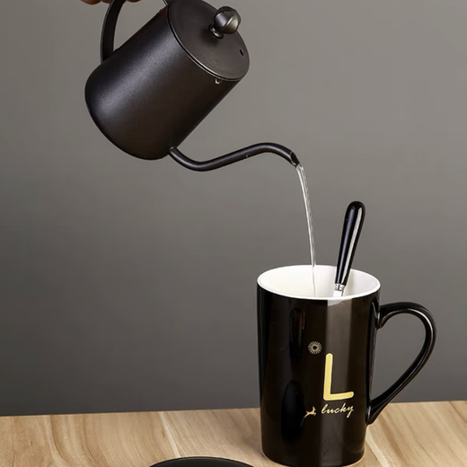 JINGREPUBLIC mug ceramic coffee cup tea cup large capacity 380ml with spoon lid Lucky series black