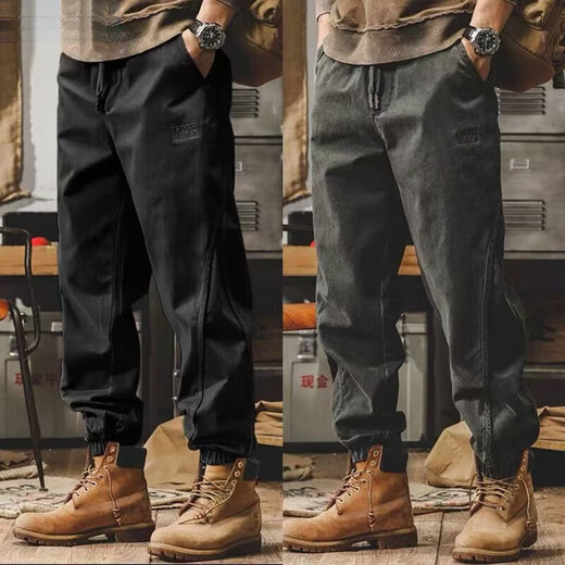 American high-end British overalls, trendy brand men's ankle-tied spring and autumn loose large size handsome retro casual pants, camel + black, two-piece set, regular 3XL, recommended 160-180Jin Jin is equal to 0.5 kg