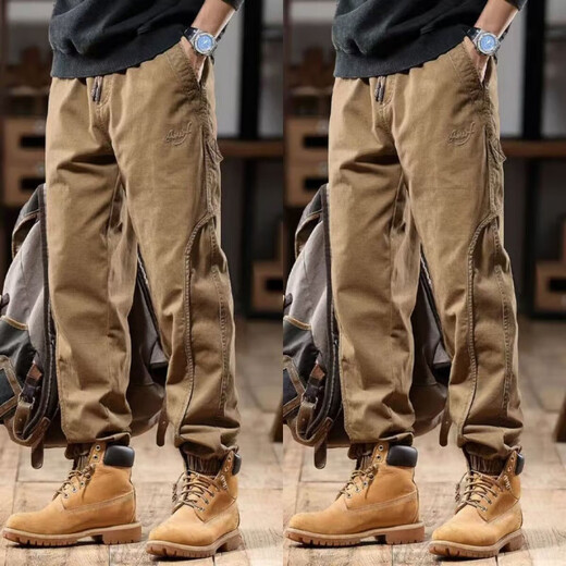 American high-end British overalls, trendy brand men's ankle-tied spring and autumn loose large size handsome retro casual pants, camel + black, two-piece set, regular 3XL, recommended 160-180Jin Jin is equal to 0.5 kg