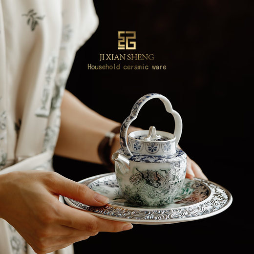 Mr. Ji Forbidden City Green Dragon Gilt Silver Cultural and Creative Kung Fu Tea Set One Pot and Two Cups Set High-end Birthday Gift for Elders and Parents Gilt Silver (Molong)丨Two Cups Lift Pot and Oriental Gift Box