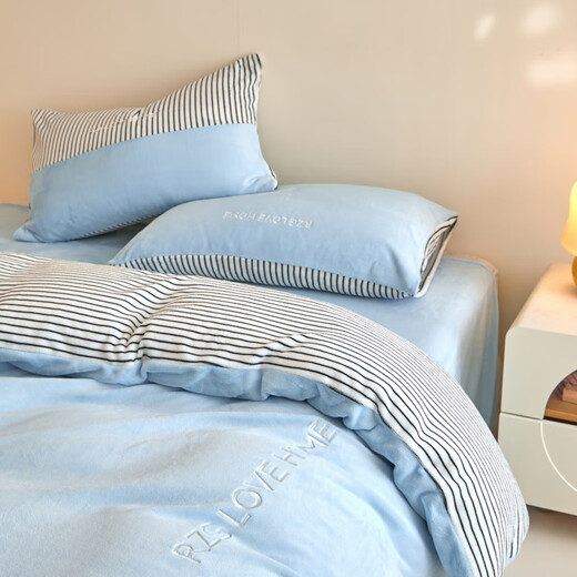 Produced milk velvet baby velvet four-piece set 2025 new winter matte grade smooth and delicate embroidery customization baby blue bed sheet style 2.0m four-piece set