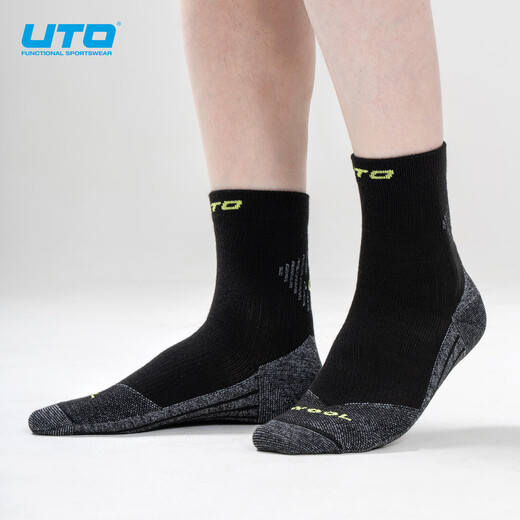 UTO Merino Wool Socks Men's Sports Socks Outdoor Mountaineering Running Sports Socks Classic Black M