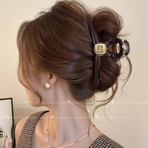 Large hair volume multi-disk hair clip for women 2025 new high-end back head coil hair clip hair accessories shark clip hair clip coffee bead brown + round diamond beads 2 pieces