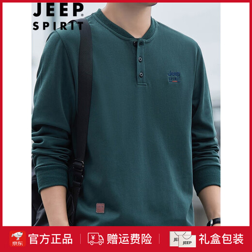 JEEP SPIRIT high-end heavyweight pure cotton Henry collar sweatshirt long-sleeved shirt men's spring and autumn American casual bottoming men's shirt trend SS7285 dark green baseball collar regular M recommended 100-120Jin Jin equals 0.5 kg