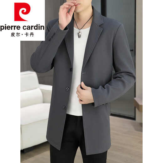 皮尔卡丹（pierre cardin）春秋季中长款风衣男士潮牌感韩版修身纯色西装外套男休闲西服针织 灰色 L 110-125斤