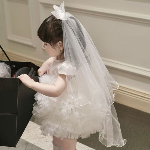 White girl's first birthday wedding dress, flower girl wedding dress, female princess dress, short-sleeved dress, tutu skirt, white short-sleeved dress, veil 80 80cm