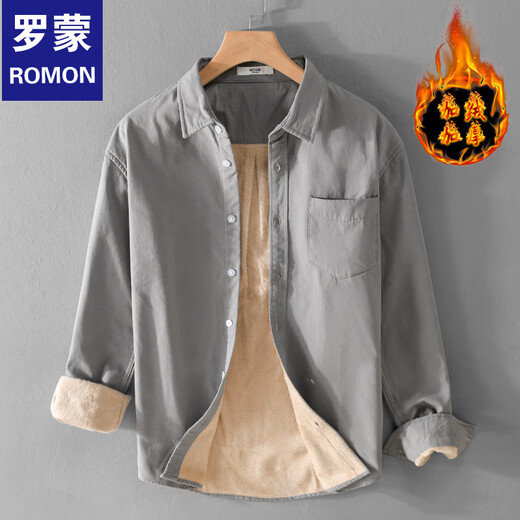 ROMON new winter thickened velvet men's shirt casual, simple and versatile pure cotton warm and cold youth shirt khaki L