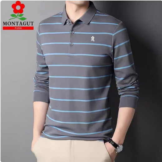 Montagut high-end long-sleeved t-shirt for men spring and autumn pure cotton high-end middle-aged men's polo shirt bottoming top daddy t-shirt khaki regular XL 175 recommended 130 Jin Jin equals 0.5 kg -150 Jin Jin equals 0.5 kg