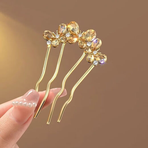 Butterfly rhinestone hair comb for lazy people, high-end exquisite hairpin, temperament, ball head, four-tooth hair comb, headdress, gun gray - about 10CM