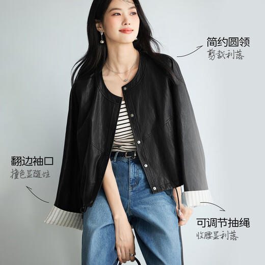 Evely contrasting color flip sleeve retro design hem drawstring versatile casual jacket for women 2025 autumn new style black S 80-105Jin [Jin equals 0.5 kg]