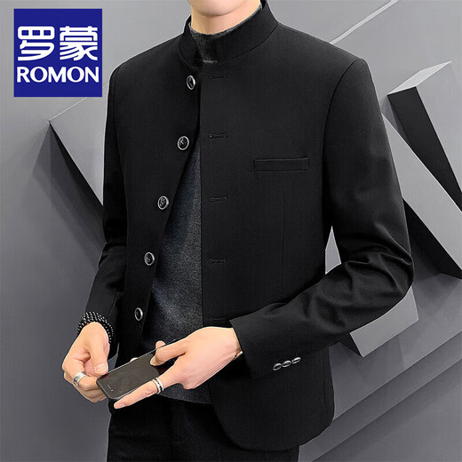 ROMON New style Chinese tunic suit men's suit trendy youth handsome retro stand collar wedding Tang suit small suit black single suit XL