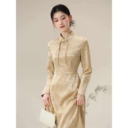 Chuchan Clothing Improved Cheongsam Women's Autumn 2025 New Long Sleeve Waist Temperament Noble Brown Slim Chinese Style National Style Dress Brown XL Ready in Stock