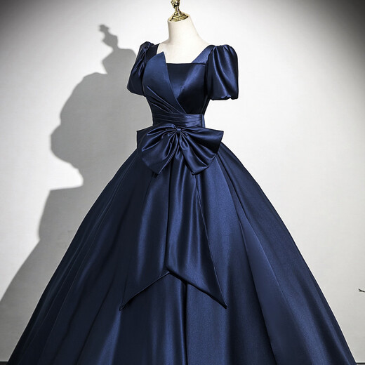 Libaixin225 New Vocal Art Test Bel Canto Satin Blue Dress Lady Host Stage Adult Ceremony Evening Dress Navy Blue 3XL Recommended 130-135 Jin Jin equals 0.5 kg