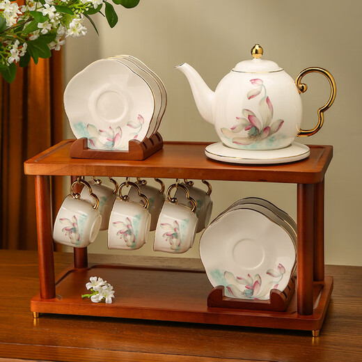 Pingxing Exquisite Afternoon Tea High-end Tea Set Bone China Tea Cup Water Set Teapot Water Cup 15 Lotus-Water Set (Including Wooden Frame Gift Box Assembled Greeting Card Design and Color
