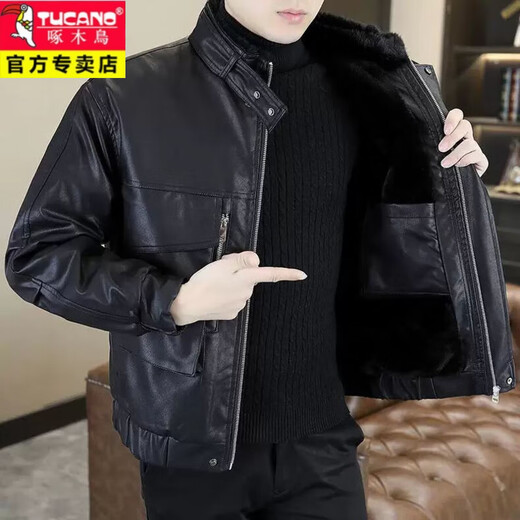 Дятел (TUCANO) зимняя мужская кожаная куртка, бархатная утепленная кожаная куртка, красивая кожаная хлопчатобумажная куртка, меховая универсальная зимняя куртка, черная, добавьте в избранное и получите приоритетную доставку XL рекомендуется 120-135 Цзинь Цзинь равен 0,5 кг