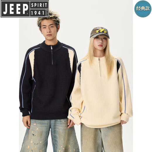 JEEP SPIRIT couple's clothing autumn and winter American retro splicing contrast sweater Henry collar half zipper warm sweater men's and women's jacket heather gray M