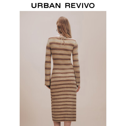 UR[HOT]2025 autumn new women's casual striped waist-hugging knitted dress UYL950131 khaki stripes (fabric slightly tied) M