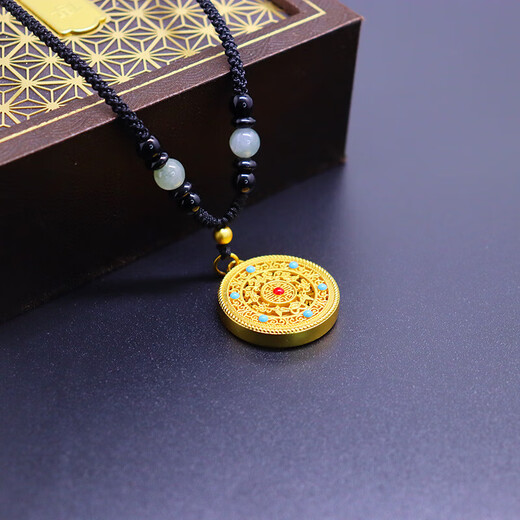 Dishi quality Yuesa gold men's and women's necklace long sweater chain ancient gold color light luxury multi-sense pendant Five blessings perfect necklace (ruyi knot black thread)