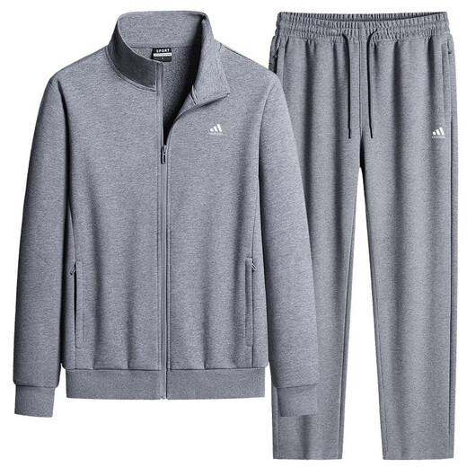 Adidas casual sports suit men's pure cotton winter velvet thickened stand-up collar middle-aged and elderly running fitness two-piece set stand-up collar gray straight (spring and autumn) 4XL recommended 170-190Jin Jin equals 0.5 kg