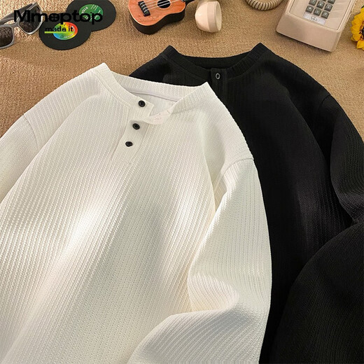 MMOPTOP American Henry collar long-sleeved T-shirt autumn and winter men's textured solid color bottoming shirt MTX20 white XL