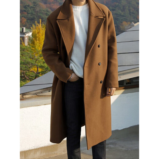 Autumn and winter men's woolen coat cotton thickened mid-length Korean style double-breasted windbreaker men's woolen coat men's cotton black 2XL