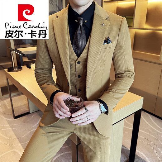 Pierre Cardin Suit Suit Men's Korean Style 2025 New Slim Fashion Brand Business Casual High-End Wedding Suit Three-piece Men's Khaki Suit + Vest + Pants XL