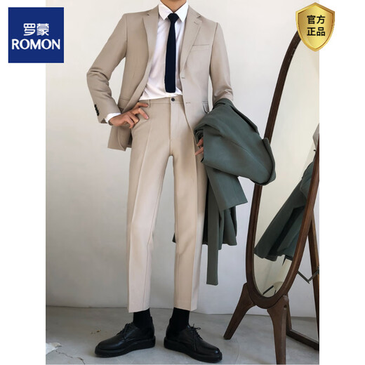 ROMON Korean style two-piece casual suit for men in autumn new handsome professional formal suit suit groomsmen dress apricot single-breasted (can change the size of top or pants alone) S (suit pants) 85-95Jin Jin is equal to 0.5 kg