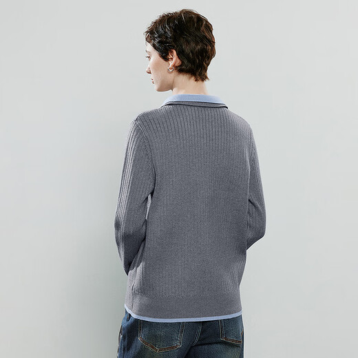 
Chuyu Sweater Women's 2025 Autumn New Contrast Color Spliced ​​Fake Two-Piece Australian Silk Cotton Wire Knit Top Gray M