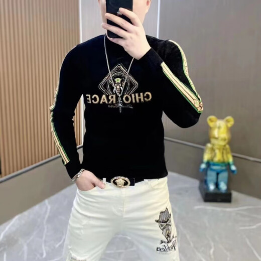 BG GLAMURB luxury brand T-shirt men's long-sleeved jacquard 2025 new sweatshirt men's casual slim bottoming shirt black regular L