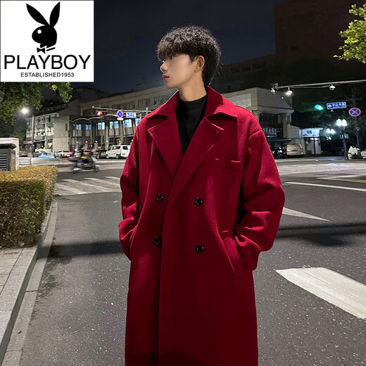 Playboy (PLAYBOY) winter Internet celebrity thickened double-sided woolen coat men's medium-length double-breasted woolen windbreaker Korean style coat couple trend white S