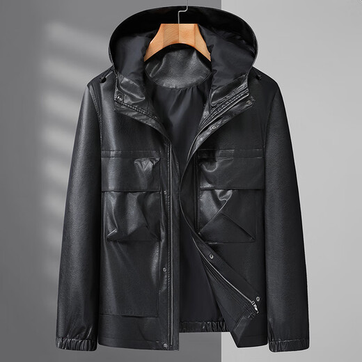 Dibinze plus size men's casual hooded leather jacket autumn fat man loose fashionable leather jacket black 5XL