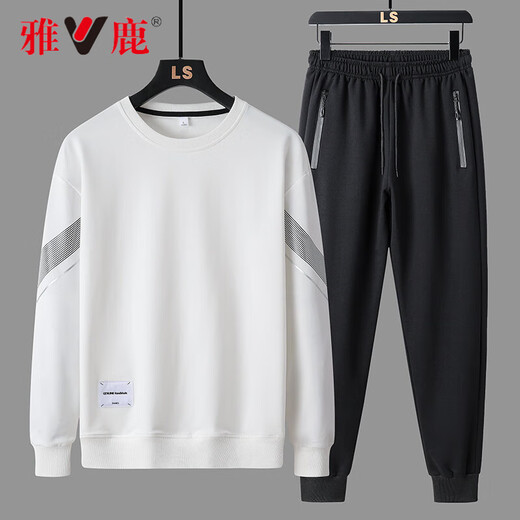 Yalu autumn and winter casual sports suit men's round neck sweatshirt and sweatpants men's velvet thickened top and trousers two-piece set white regular top + trousers XL recommended 120-135Jin Jin equals 0.5 kg