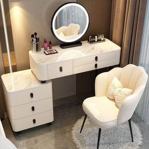Small apartment solid wood dressing table bedroom modern simple high-end solid wood slate dressing table storage cabinet integrated CHH solid wood frame black handle (7MM slate) white 115.5 three-drawer table + smart mirror + cabinet + bird's nest stool