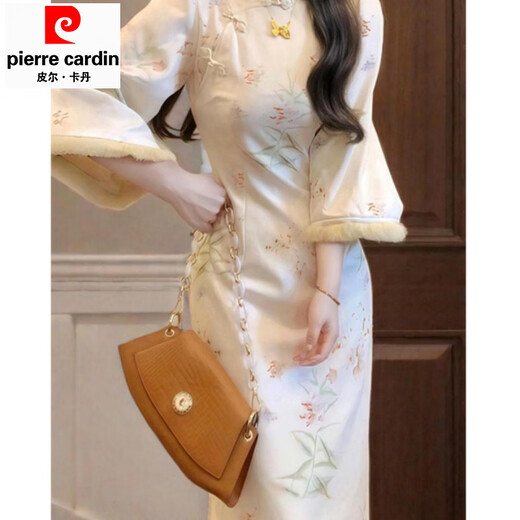 Pierre Cardin New Chinese Style White Cheongsam Dress Women's 2025 Autumn and Winter New Thickened National Style Waist Skirt White Dress (Regular) Version M Recommended 95-105 Jin Jin equals 0.5 kg