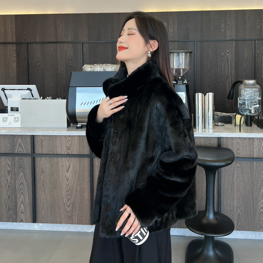 Muqiantang Mink Fur Coat Women's Full Mink Coat Women's Short Velvet Mink Stand Collar Top Fur Women Black Stand Collar One Size Recommended Weight (80-135)