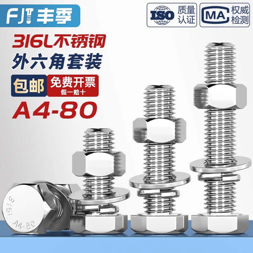 Fengji 316L stainless steel A4-80 external hexagonal bolt screw nut set complete flat spring washer combination MM6M8-M20 M8*100-1 set